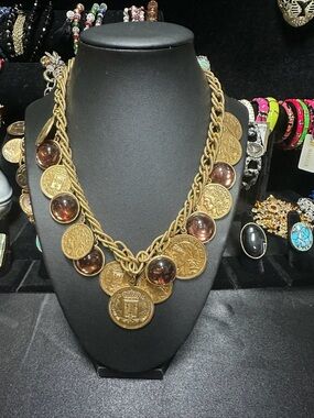 Gold-Tone Coin Statement Necklace with Amber Cabochons